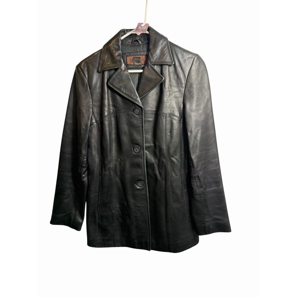 siena womens vintage leather coat black size small long‎ sleeve button front
